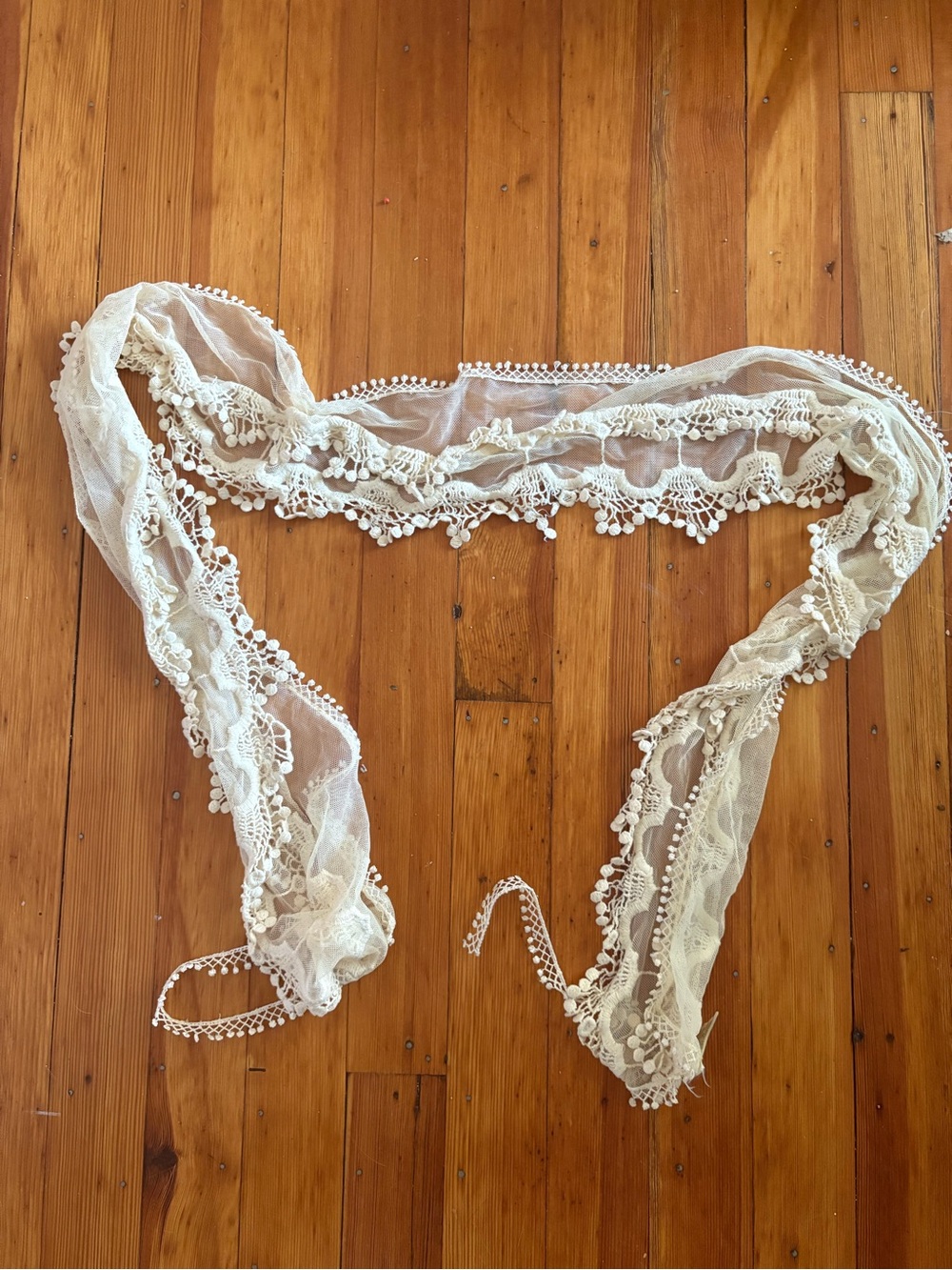 Lace Trim Sheer Skinny Scarf in Cream